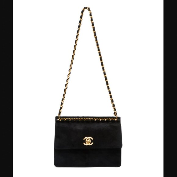 CHANEL Black Suede '96-'97 Gold Turn-Lock Mini Chain Strap Crossbody - Picture 1 of 11